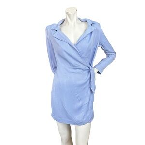 & Other Stories Pale Blue Puff Long Sleeve Mini Tie Side Wrap Dress Size US 4